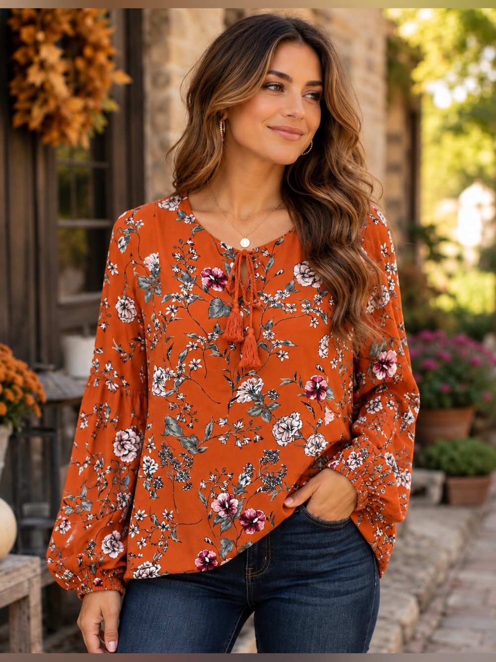 Altar’d State Floral Boho Tassel Tie Blouse Orange Rust Bell Sleeve M